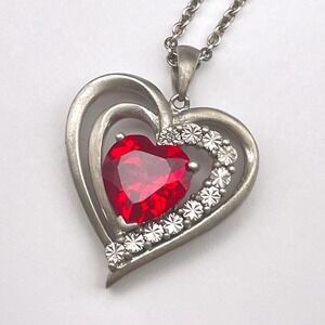 Sterling Silver Ruby Red Color Heart Pendant Necklace Sparkling Valentine